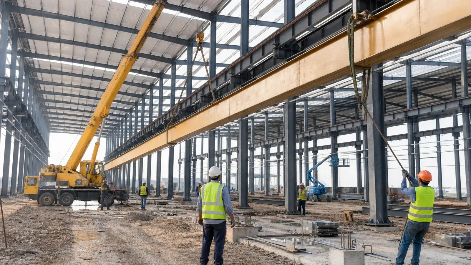 Crane beams and erection sequence in an OIZ factory cover image